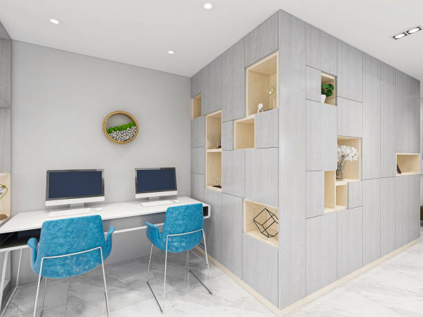 istock 3d rendering, office area with two computers in study in family home 1215051002
