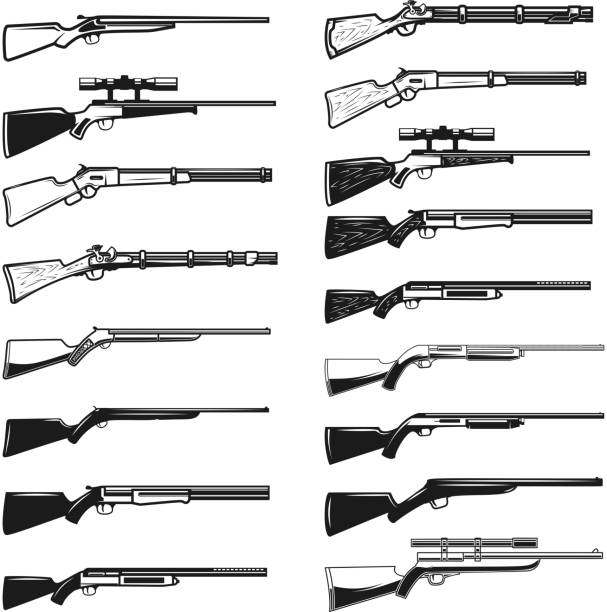 狩猟銃、ライフルの大きなセット。ラベル、サイン、ポスター、tシャツのデザイン要素。ベクトルの図 - rifle点のイラスト素材／クリップアート素材／マンガ素材／アイコン素材