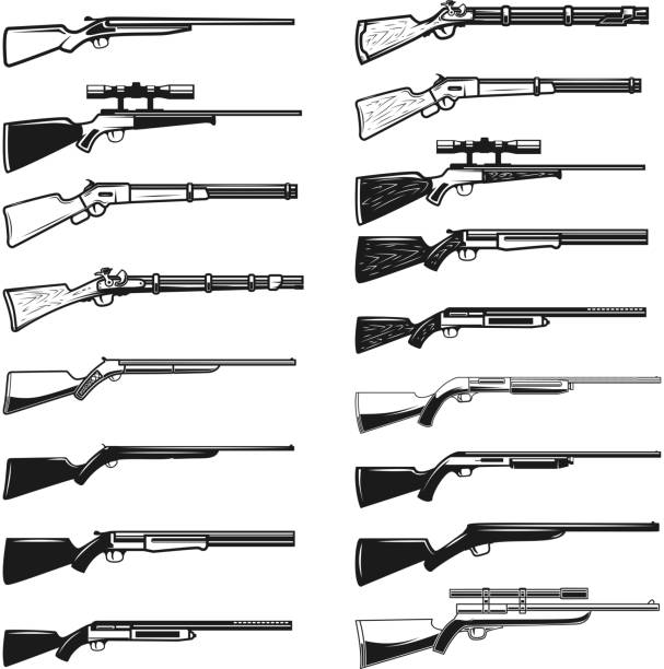 duży zestaw pistoletów myśliwskich, karabinów. element projektu etykiety, znaku, plakatu, koszulki. ilustracja wektorowa - lens barrel stock illustrations