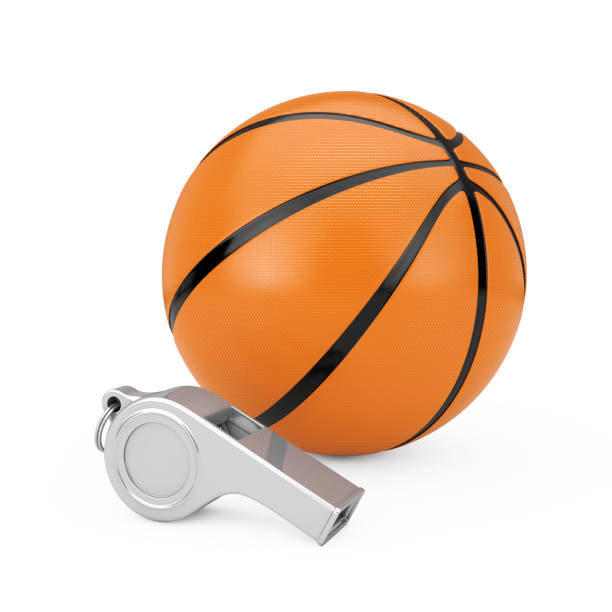 istock Basketball Ball with Classic Metal Coaches Whistle. 3d Rendering 1215055723