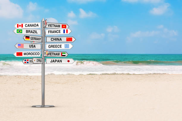 istock Travel Concept. Signpost with Various Countries Names and Flags on the Ocean Beach. 3d Rendering 1215055729