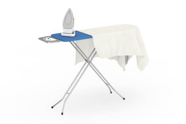 Electric Clothes Steam Iron with Ironing Board and Tablecloth on a white background. 3d Rendering