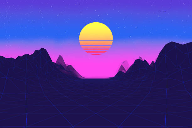 istock 80s Synthwave Styled Landscape with Road, Mountains and Stripped Sun. 3d Rendering 1215055870