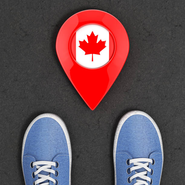 Travel to Canada Concept. Blue Denim Sneakers on the Asphalt Road with Map Pointer and Canada Flag Top View extreme closeup. 3d Rendering