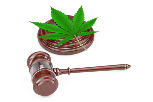 istock Green Cannabis Leaf with Red Wooden Judge Gavel. 3d Rendering 1215056618