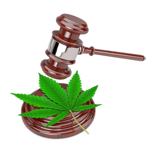 istock Green Cannabis Leaf with Red Wooden Judge Gavel. 3d Rendering 1215056684