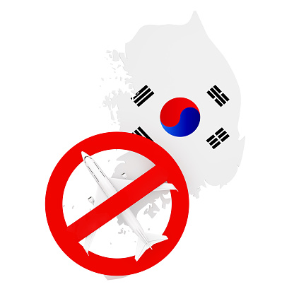 Flight Ban to and from South Korea due to Coronavirus COVID-19. South Korea Map with Flag and Airplane with Red Prohibit Sign on a white background. 3d Rendering