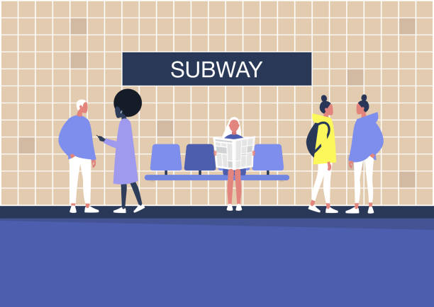 stockillustraties, clipart, cartoons en iconen met de passagiers die van de metro op een trein op een platform, stedelijk vervoer wachten - forens