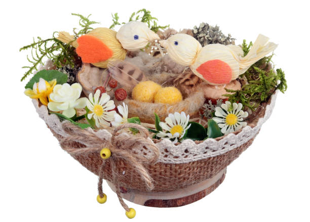 istock Easter handmade  nest   from rope  and  moss with  funny  papers birds and eggs  from  sheep wool . Isolated 1215061012