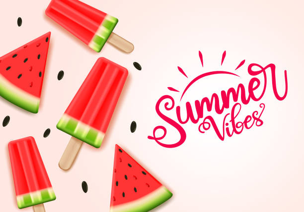 Summer water melon vector banner template. Summer vibes text with tropical fruit water melon. Summer water melon vector banner template. Summer vibes text with tropical fruit water melon and popsicle elements in pink background. Vector illustration. popsicle stock illustrations