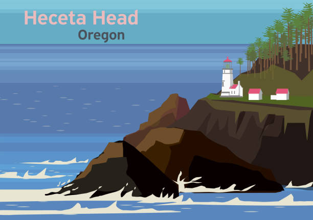 illustrations, cliparts, dessins animés et icônes de heceta head light, phare sur la côte de l’oregon - oregon beach