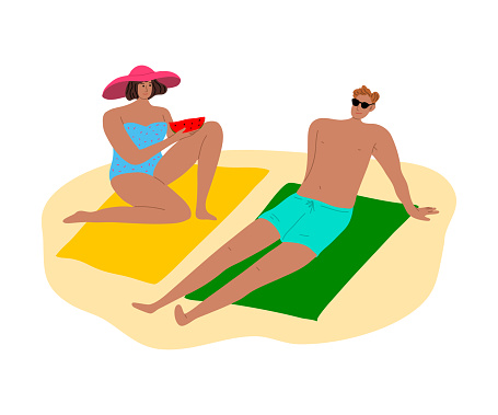 Happy couple of vacationers in swimsuits sunbathing on towels at the beach.Girl in a pink hat with watermelon. Isolated vector icon illustration on a white background in cartoon style.