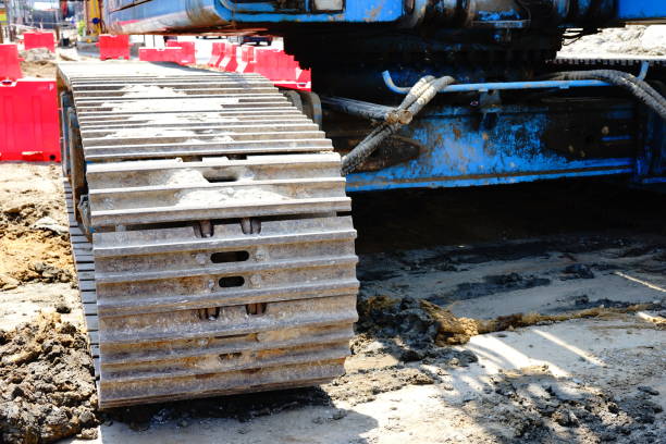 istock Continuous track tank tread construction machine steel 1215065054