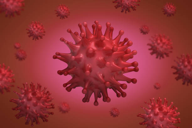 istock Virus red bacteria cells 3D render background banner image. Flu, influenza, coronavirus model illustration. Covid-19 banner. 1215067156