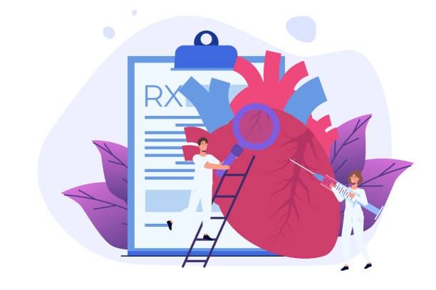 Cardio or cardiovascular heart diagnostics, Cardiology concept vector illustration. Tiny doctors treat, inspection check human Heart. vector art illustration