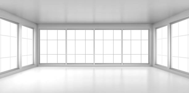 Empty white room with large windows Empty white room with large windows. Vector realistic 3d interior of office, studio, modern living room in house or apartment. Minimal style of room design interior domestic room stock illustrations