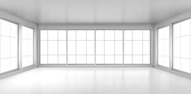 Vector illustration of Empty white room with large windows