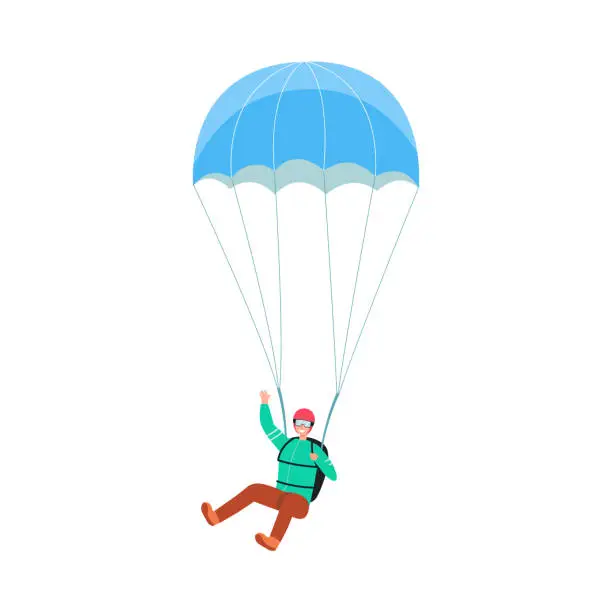 Vector illustration of Cartoon man flying with blue parachute and waving