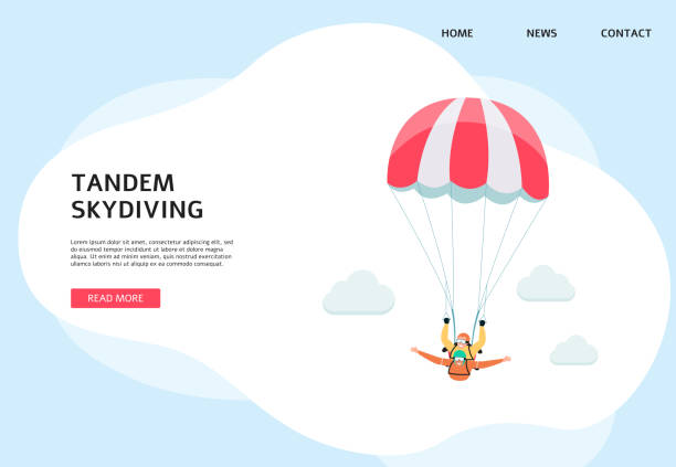istock Tandem skydiving website banner - two cartoon people flying with parachute 1215067992