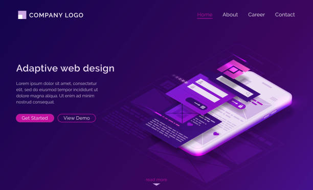 Adaptive interface design isometric landing page Adaptive interface design isometric landing page. User experience, ui ux mobile phone layouts, online form for login and password enter. Mobile app development, gadget software 3d vector web banner website wireframe illustrations stock illustrations