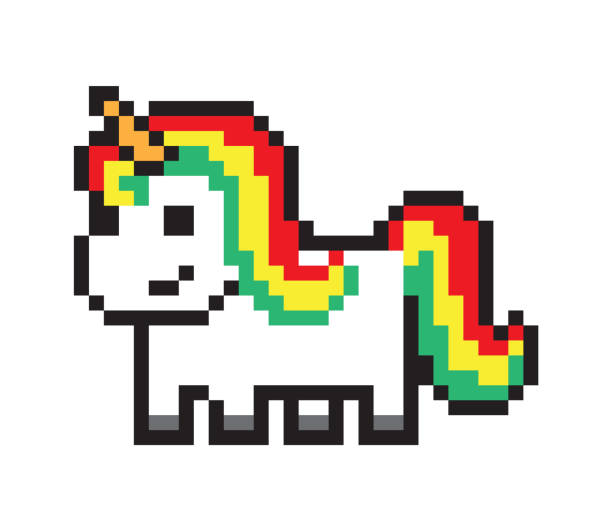 ilustraciones, imágenes clip art, dibujos animados e iconos de stock de pony lindo, caballo pixel aislado en telón de fondo blanco - unicornio cabeza