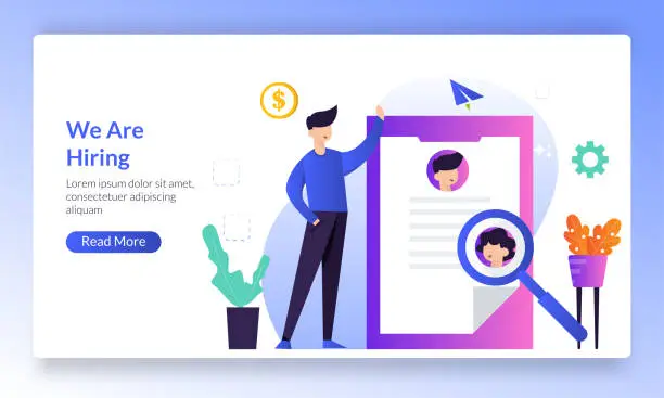 Vector illustration of We are hiring concept, online Job Interview, online recruitment, finding professional skill, landing page template for banner, flyer, ui, web, mobile app, poster