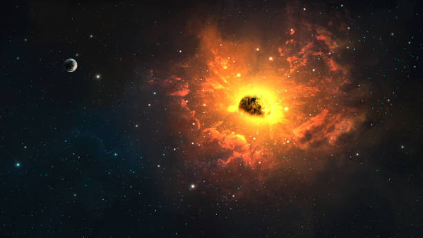 istock Space background. Planet explosion, sun shine in colorful  nebula with small planet 1215073490