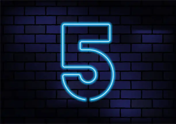 Vector illustration of Number 5 Sign Blue Neon Light On Dark Brick Wall