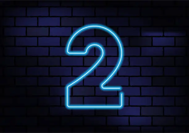 Vector illustration of Number 2 Sign Blue Neon Light On Dark Brick Wall