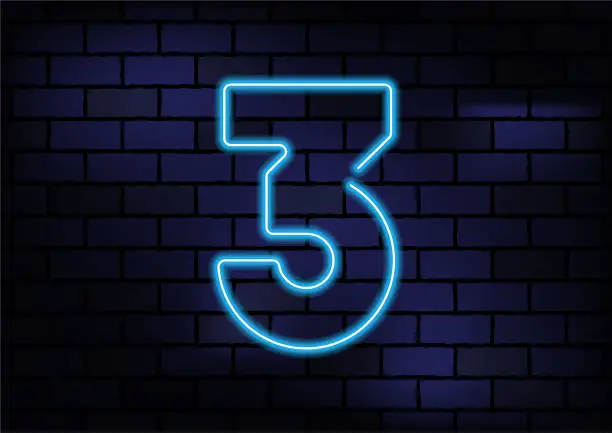 Vector illustration of Number 3 Sign Blue Neon Light On Dark Brick Wall