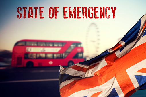 Concept of UK state of emergency, national lockdown due to coronavirus crisis