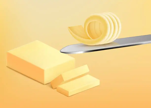 Vector illustration of Realistic block of butter sliced into pieces and one fork curl