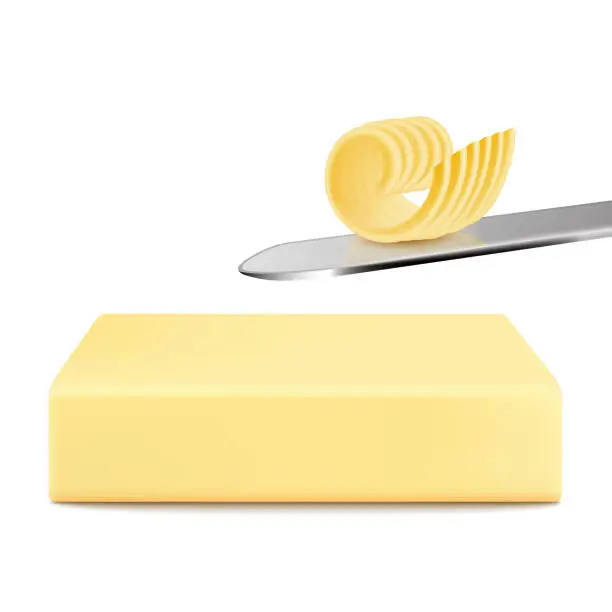 Vector illustration of White block of butter with single fork butter curl on silver knife