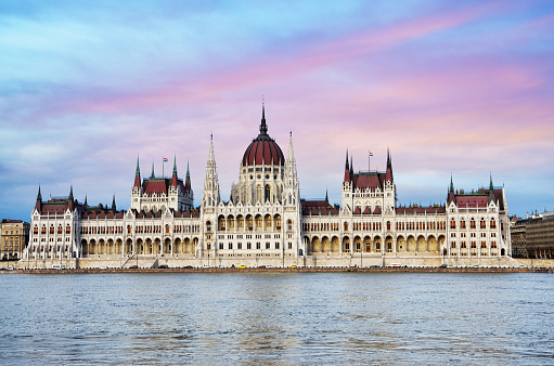 The building of the Parliament an sunset, Budapest, Hungary