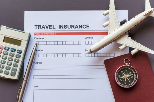 istock Travel  insurance form with model and policy document 1215085656