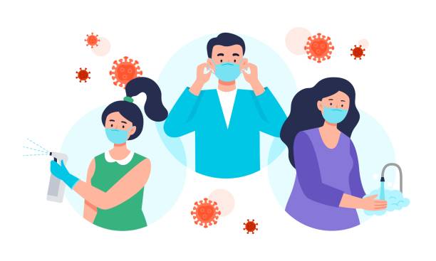 illustrations, cliparts, dessins animés et icônes de conseils de protection contre la maladie du coronavirus avec le port d’un masque facial, l’assainissement et le lavage des mains. - wearing