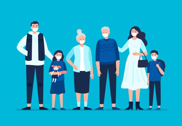 Family wearing a protective medical mask to prevent disease, flu, air pollution, and contaminated air. Dad, mom, daughter, son, grandmom, granddad wearing a surgical mask. Vector flat illustration. full length illustrations stock illustrations