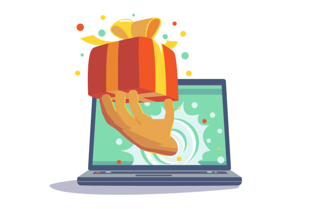Present from website Present from website vector illustration. Person hand out from laptop monitor presenting festive giftbox with bow flat style concept. Marketing campaign for regular customers and online shopping computer birthday stock illustrations