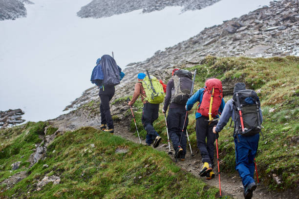 istock Team of hikers walking on mountain path. 1215088307