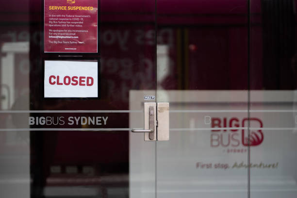A Sydney bus tour, hip on hip off Big bus office in Circular Quay is closed duting covid 19 social distancing and lockdown regulation in NSW, Australia : 27-03-2020 stock photo