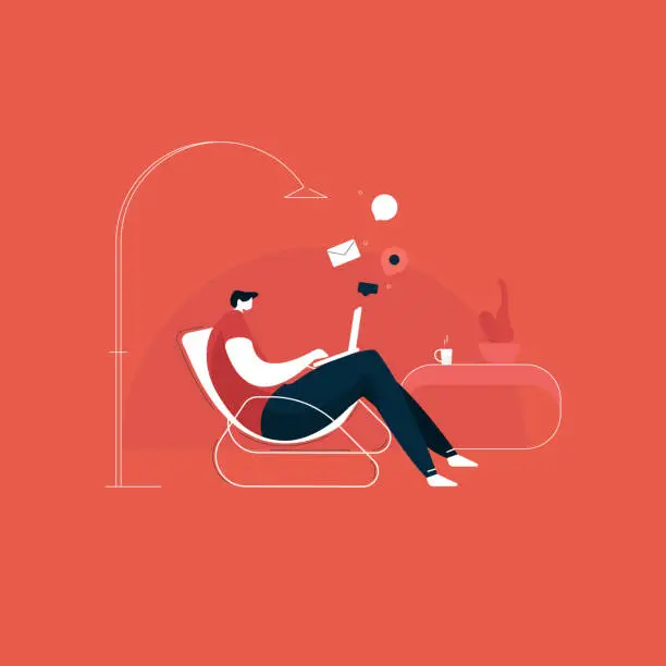 Vector illustration of young man working from home illustration, Young man sitting on a chair and using laptop. Freelance, self employed, freedom, in living room, work from home concept vector