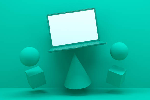 istock Blank Screen Laptop with Geometric Shapes, Minimal Technology Concept, Zero Gravity 1215088646