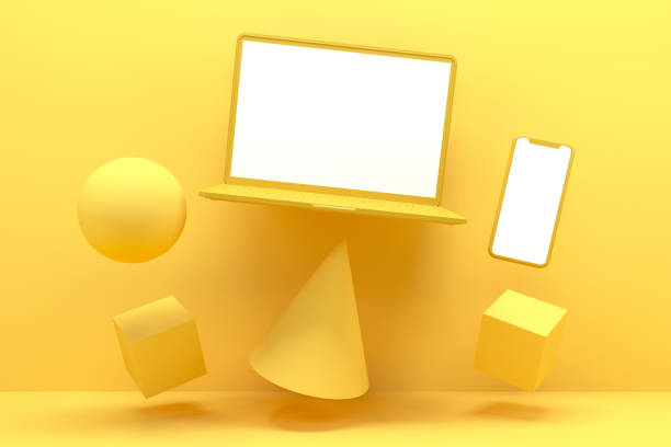 istock Blank Screen Smart Phone and Laptop with Geometric Shapes, Minimal Technology Concept, Zero Gravity 1215088863
