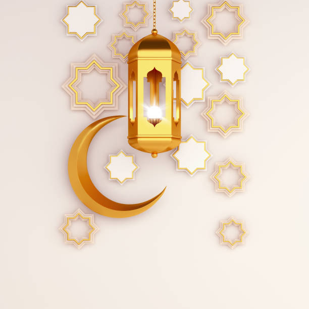 ornamento geometrico arabo a stella, lanterna, mezzaluna su sfondo bianco. design concetto creativo del giorno della celebrazione islamica ramadan kareem o eid al fitr adha, copia area di testo spazio, illustrazione 3d. - praying islam sacrifice mosque foto e immagini stock