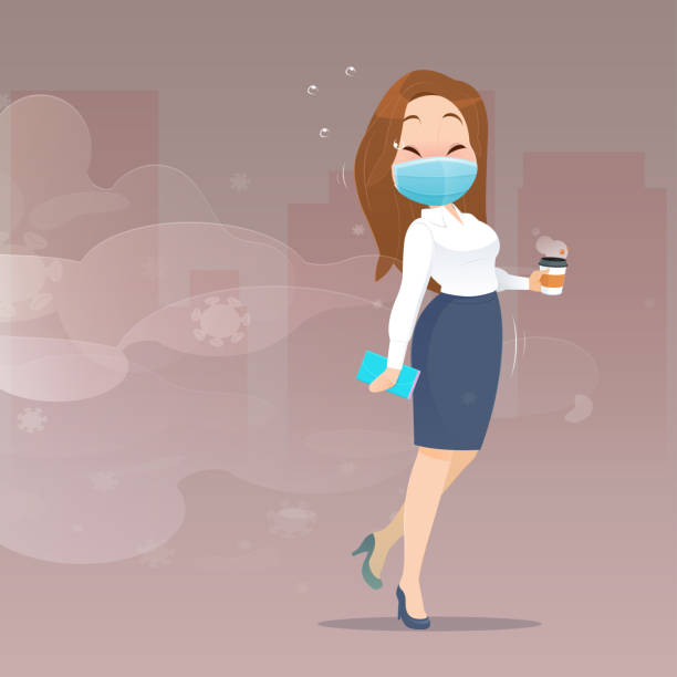 Woman wearing a health mask walk away from PM2.5 dust particles and Covid 19 Cartoon business woman wearing a health mask walk away from PM2.5 dust particles and Covid 19. Men who are avoiding community locations. Vector flat character illustration design stampeding stock illustrations