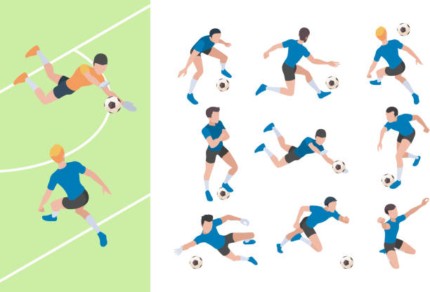 illustrazioni stock, clip art, cartoni animati e icone di tendenza di personaggi del calcio. atleti isometrici persone calciatori che volano sul campo vettoriale persone 3d - organization performing arts event pattern people