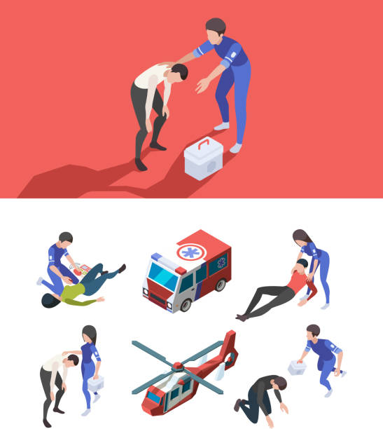 ilustrações de stock, clip art, desenhos animados e ícones de ambulance personal. reanimation medical service characters healthcare isometric medicine items vector cars - emergency services car urgency isometric