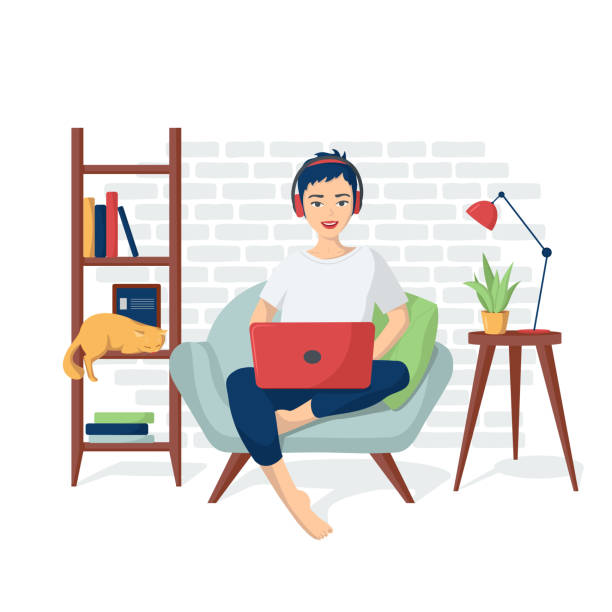 Young happy girl in home clothes is sitting in a chair with a laptop in headphones. Vector illustration of programmer coding, freelance. Remote work from home. Distance learning Young happy girl in home clothes is sitting in a chair with a laptop in headphones. Vector illustration of programmer coding, freelance. Remote work from home. Distance learning. Online shopping girls coding stock illustrations