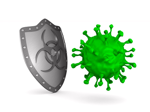 metallic shield with symbol biohazard and virus on white background. Isolated 3D illustration