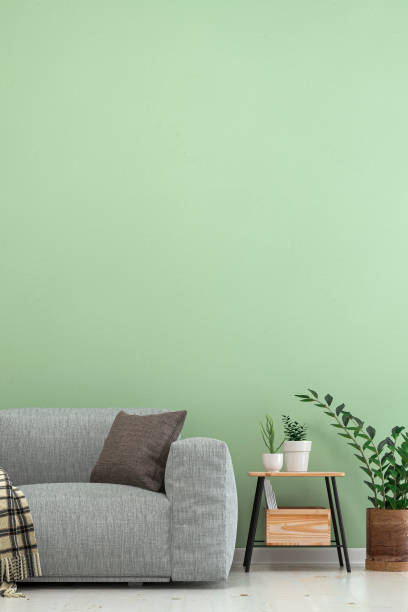 istock Empty living room with gray sofa, table and decoration 1215096577